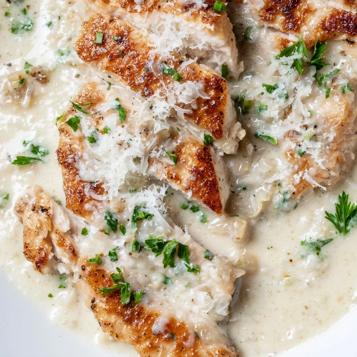 Golden creamy garlic chicken breasts smothered in rich Parmesan sauce with fresh parsley garnish