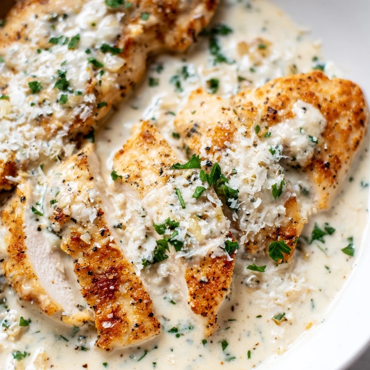 Tender creamy garlic chicken in velvety white sauce served on a white dinner plate