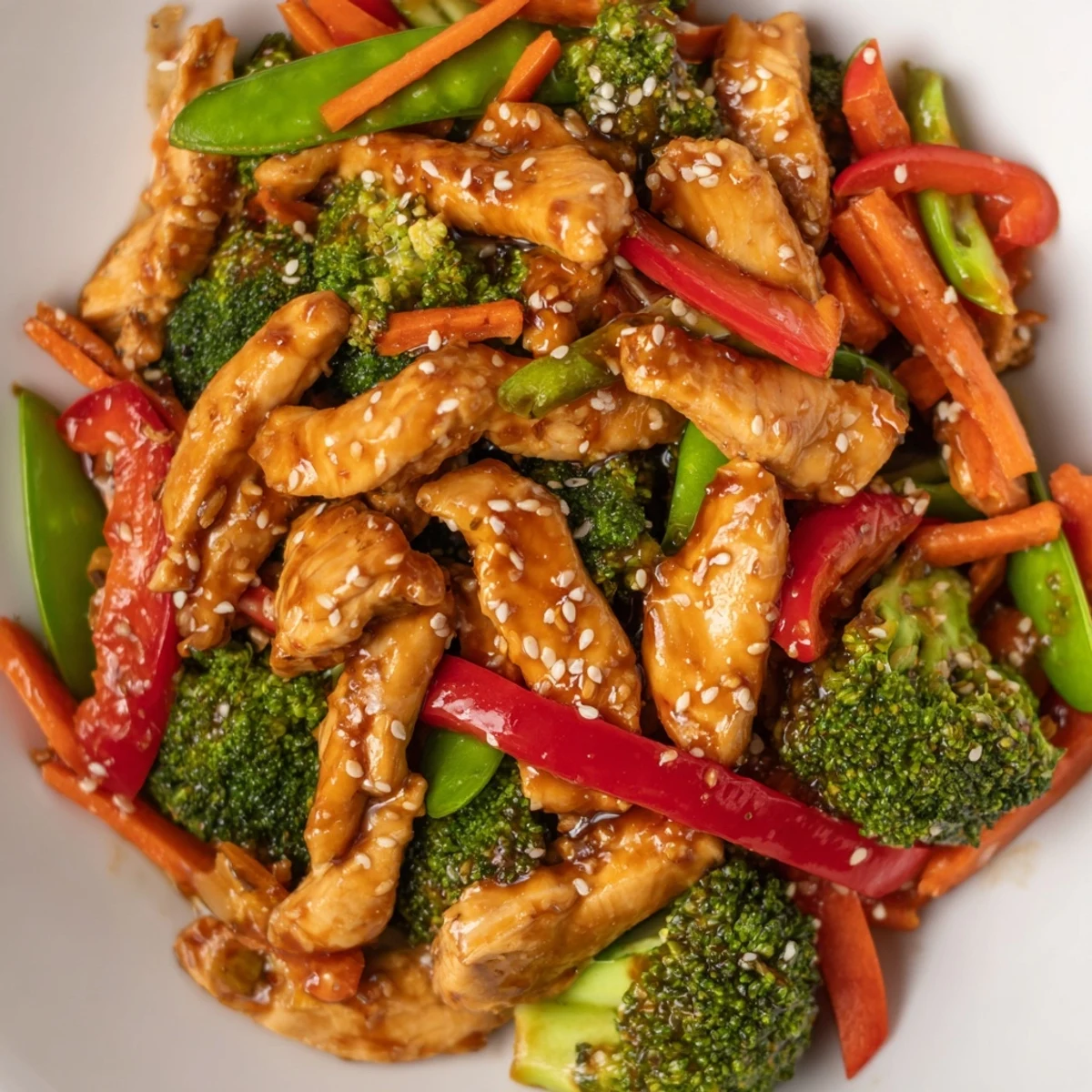 Sesame soy chicken stir fry sizzling in a wok with colorful crisp vegetables