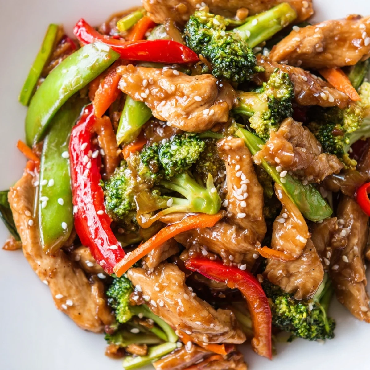 Tender sesame soy chicken stir fry coated in glossy sauce with broccoli