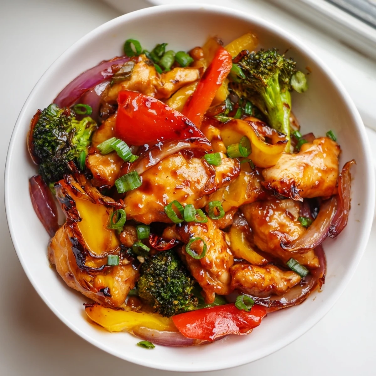 Quick weeknight meal featuring tender chicken and crisp colorful vegetables in glossy sauce