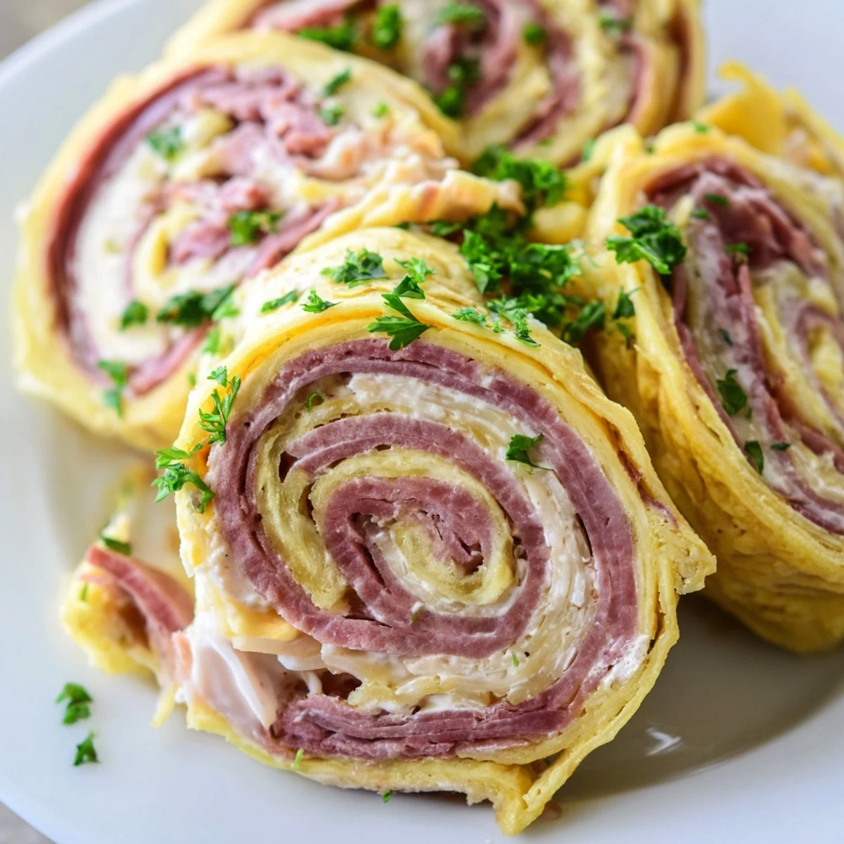 Golden low carb Reuben egg roll ups filled with corned beef and melted Swiss cheese.