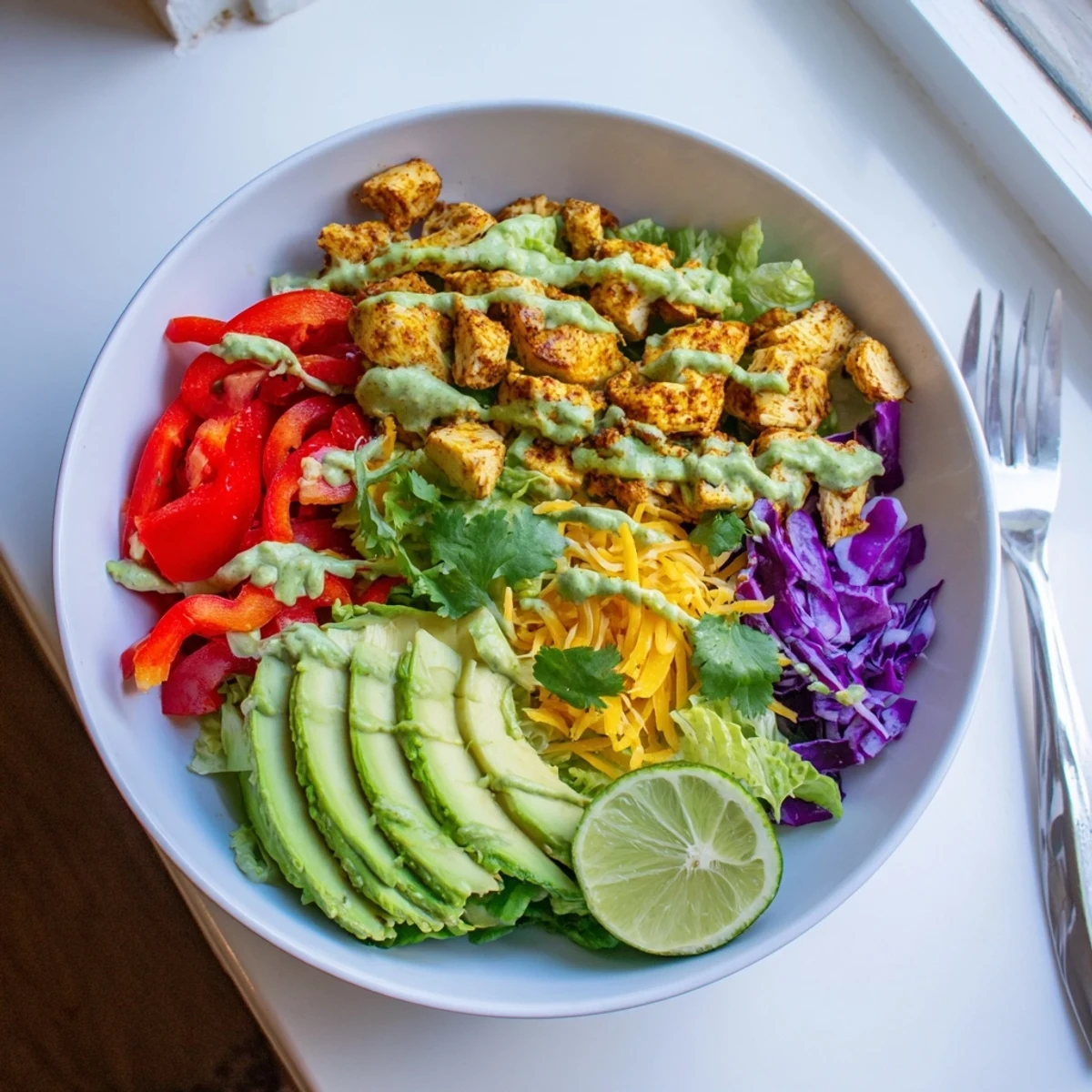 Colorful keto bowls loaded with fresh vegetables, seasoned chicken, and creamy avocado dressing