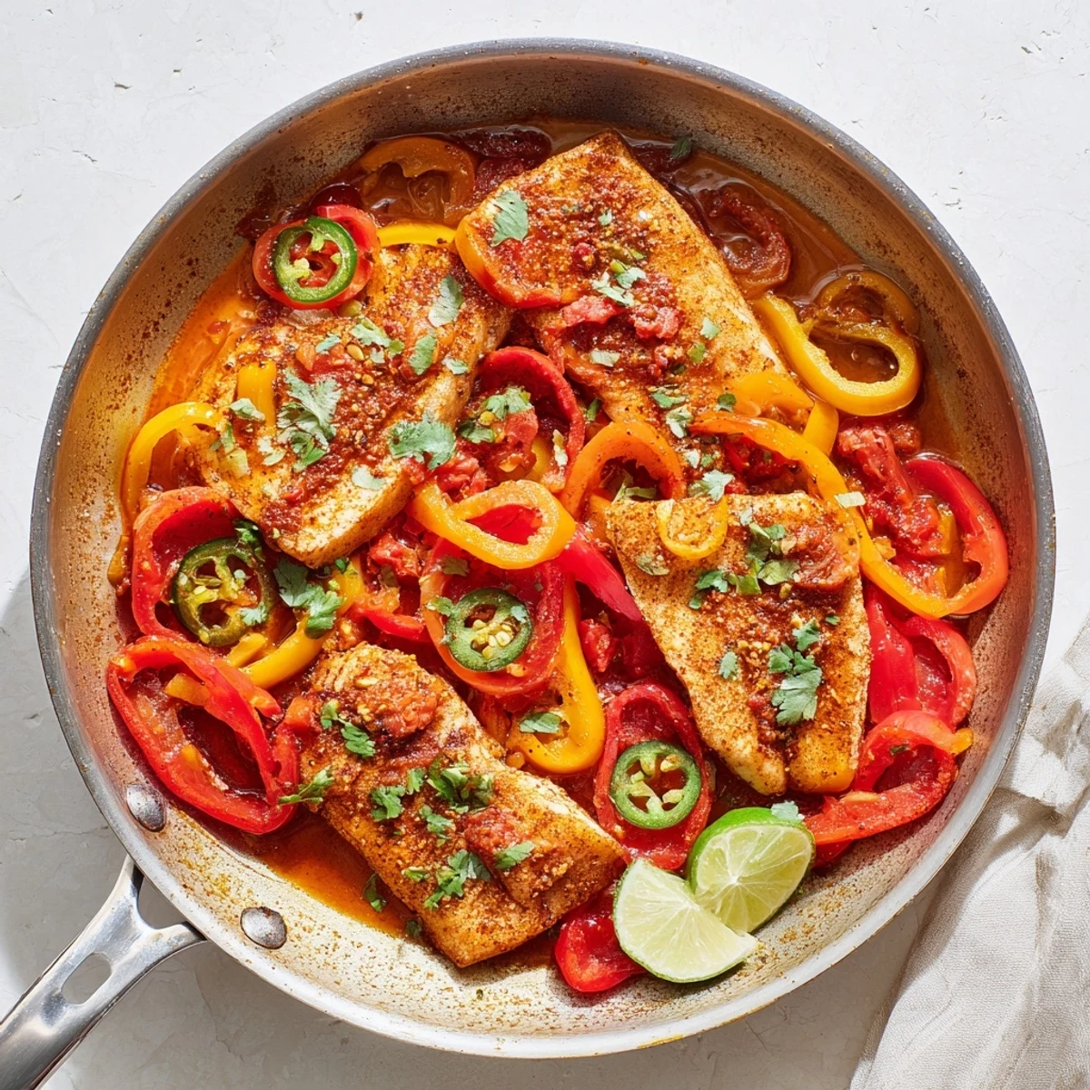 Golden tilapia fillets nestled in spicy roasted pepper skillet with vibrant red and yellow colors