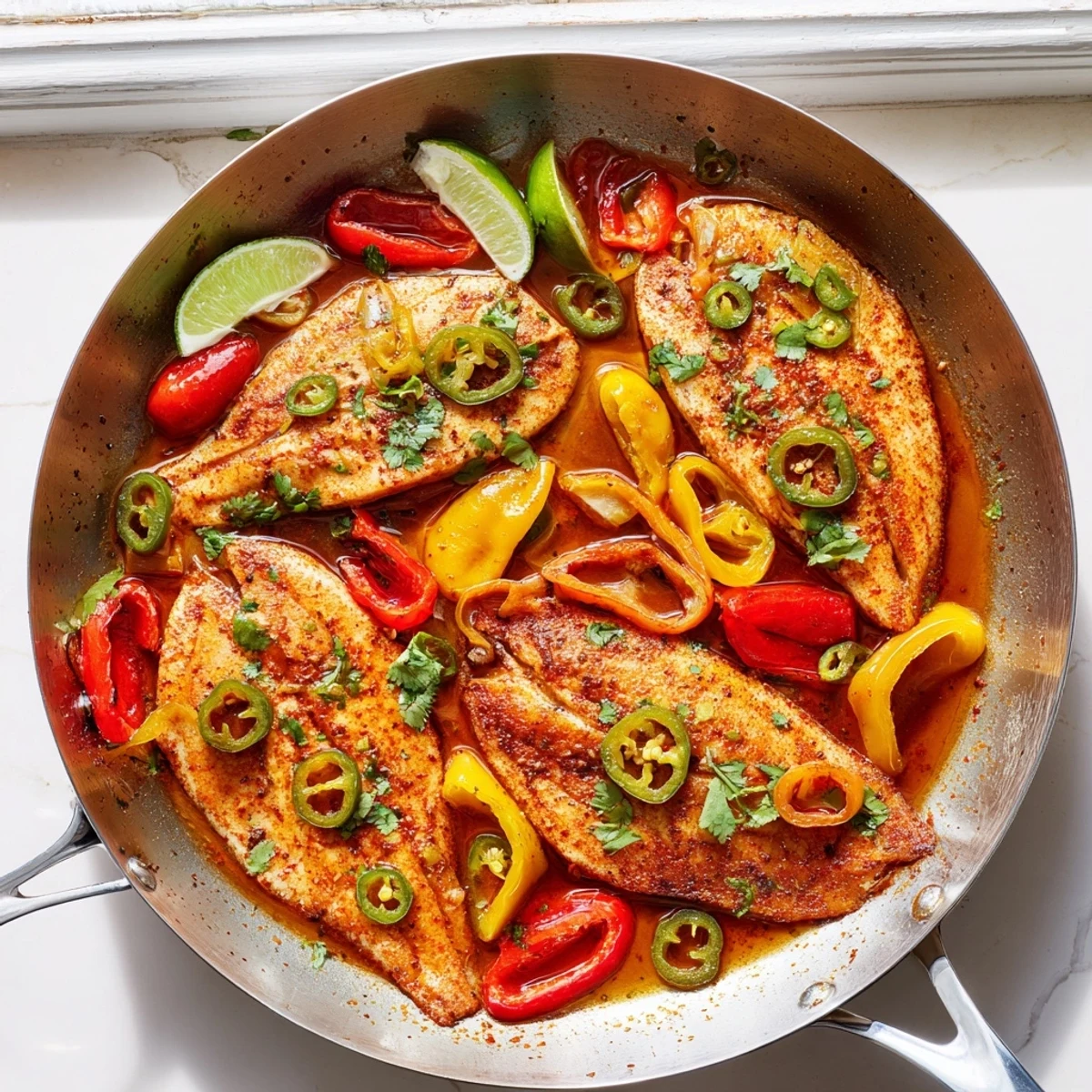 Spicy roasted pepper tilapia skillet served in cast iron with colorful bell peppers and cilantro