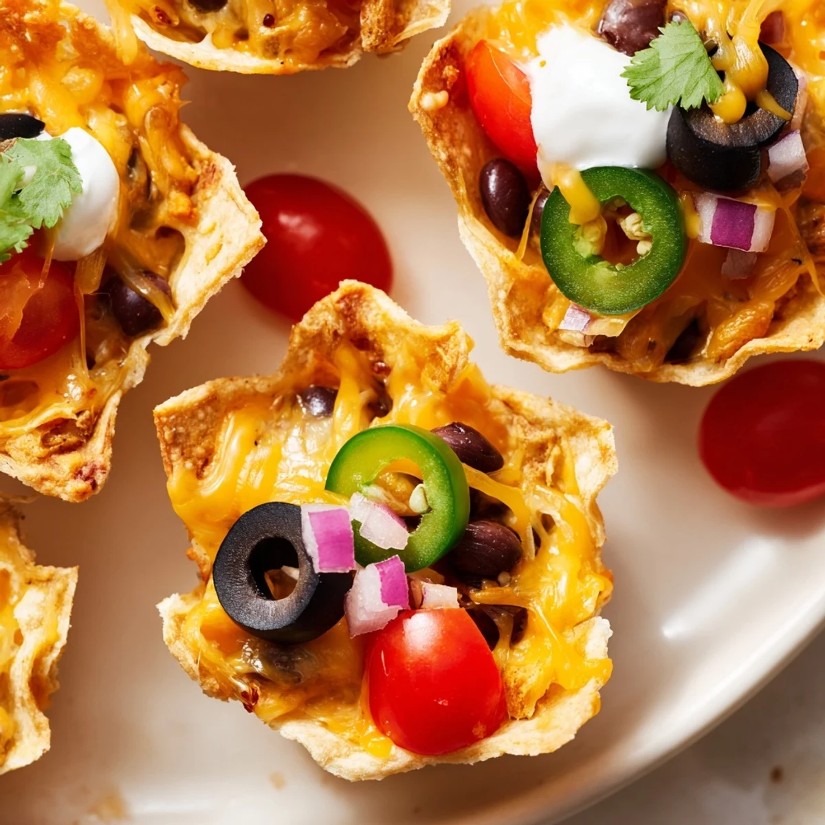 Golden cheesy nacho cups bubbling with melted cheddar and colorful fresh toppings