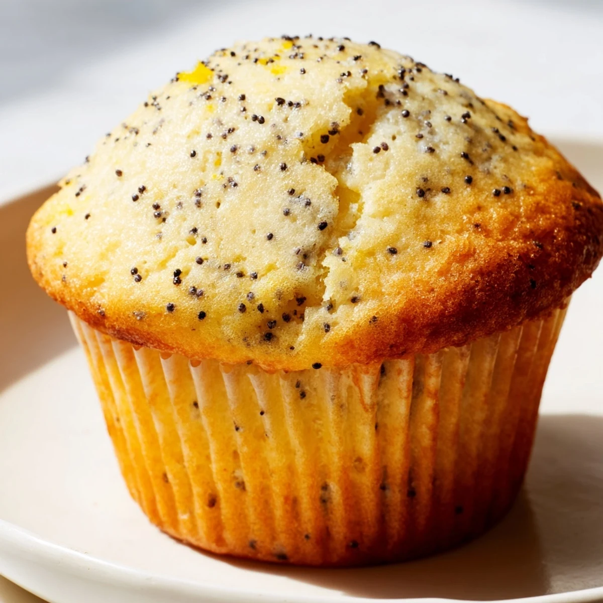 Golden lemon poppy seed muffins with domed tops fresh from the oven on a wire cooling rack