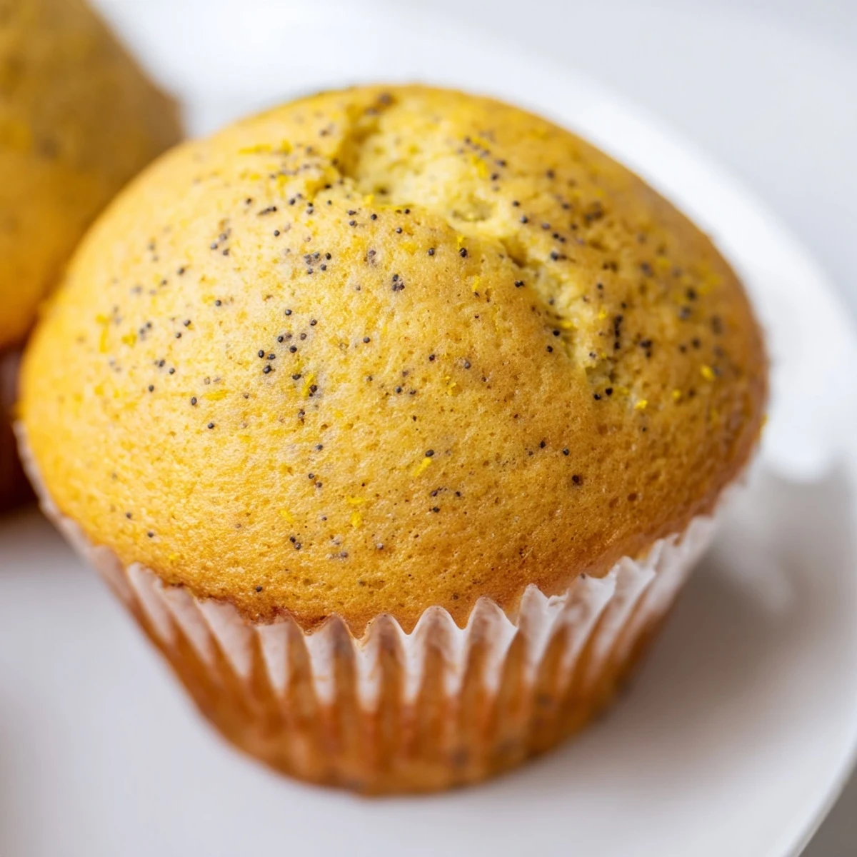 Moist lemon poppy seed muffins studded with tiny black seeds beside a bowl of fresh lemons