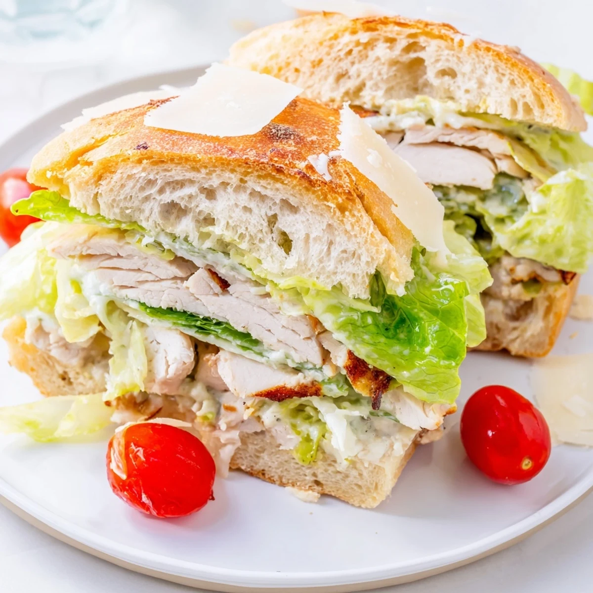 Golden grilled chicken Caesar sandwich with crisp romaine and creamy dressing on toasted ciabatta