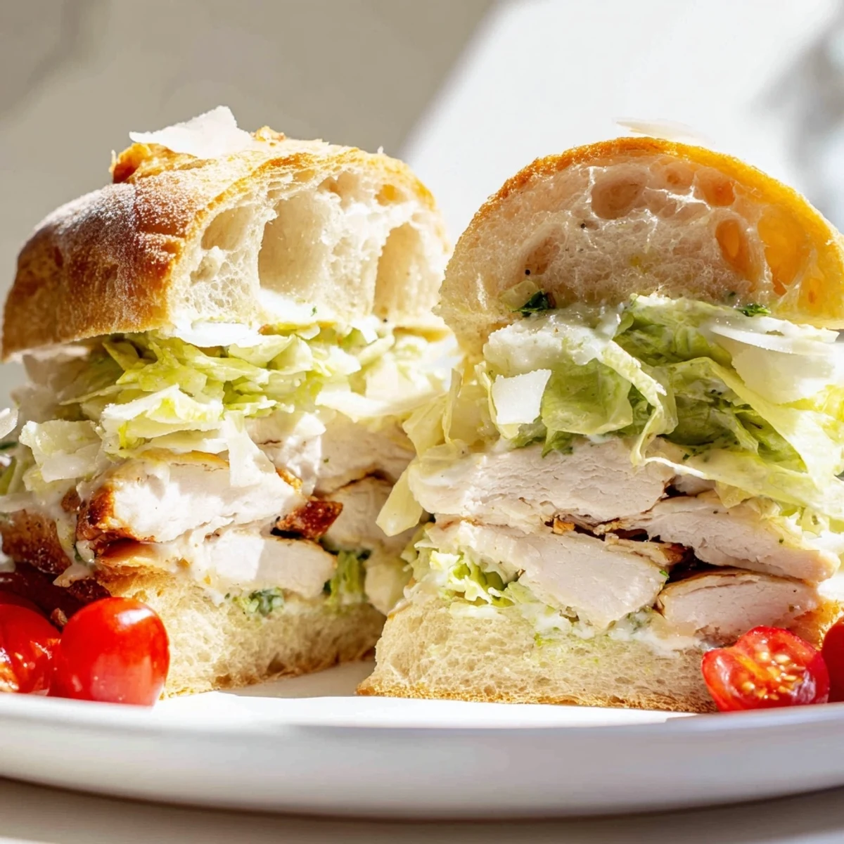 Juicy sliced chicken Caesar sandwich topped with shaved Parmesan and fresh crunchy romaine lettuce