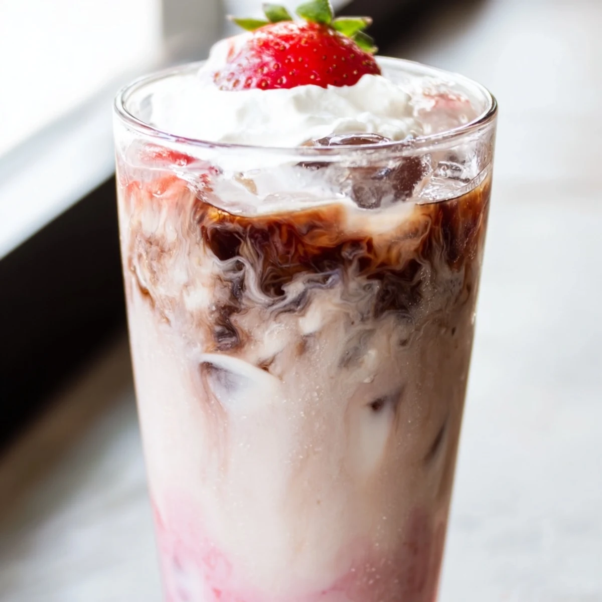 Creamy strawberry cold latte in a tall glass with swirled pink layers and ice