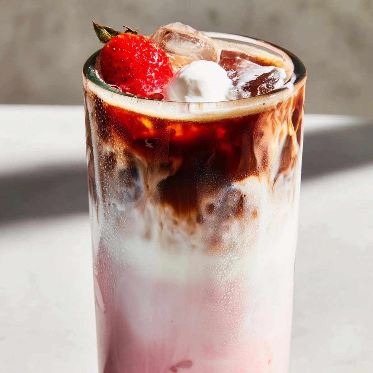 Iced strawberry cream latte topped with fluffy whipped cream and fresh berry garnish