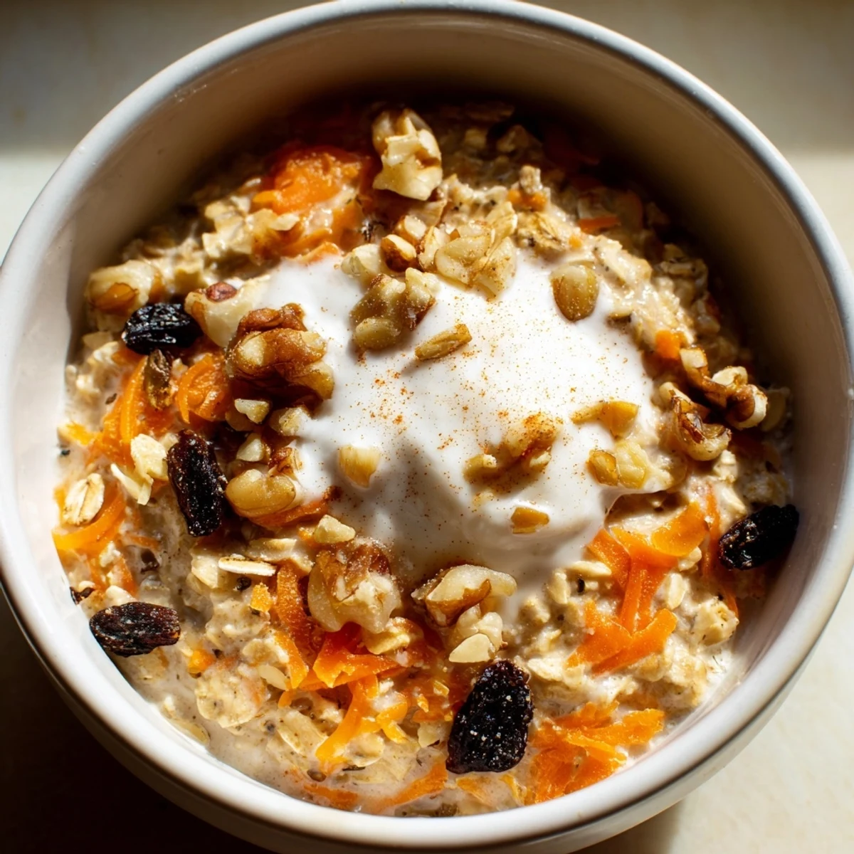 Creamy carrot cake overnight oats in a mason jar topped with crunchy walnuts and a cinnamon sprinkle