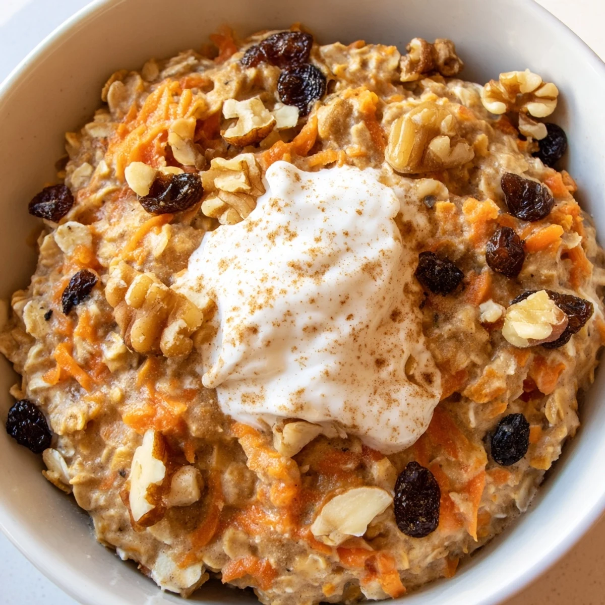 Carrot cake overnight oats with grated carrots, plump raisins, and chopped pecans in a glass bowl