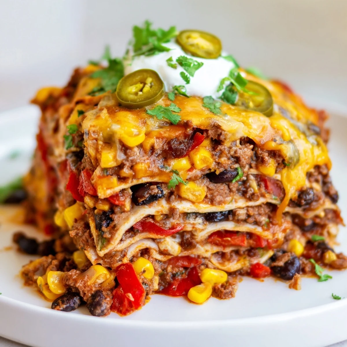 Golden bubbling Mexican lasagna with melted cheese and zesty beef layers steaming hot