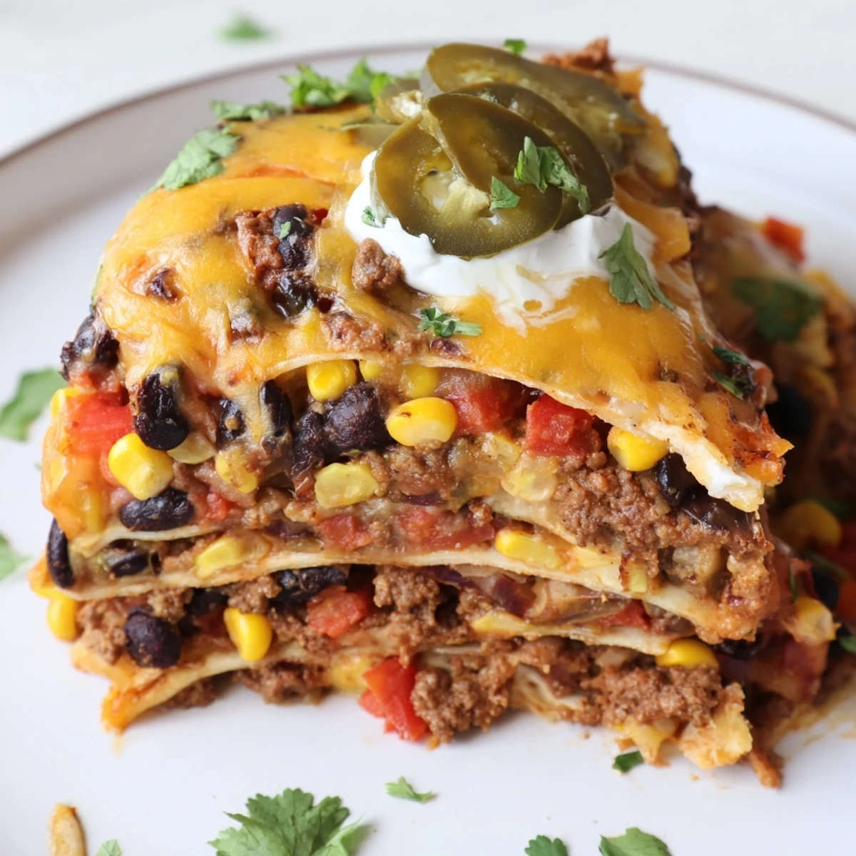 Mexican lasagna layered with spiced beef beans corn and gooey melted cheese