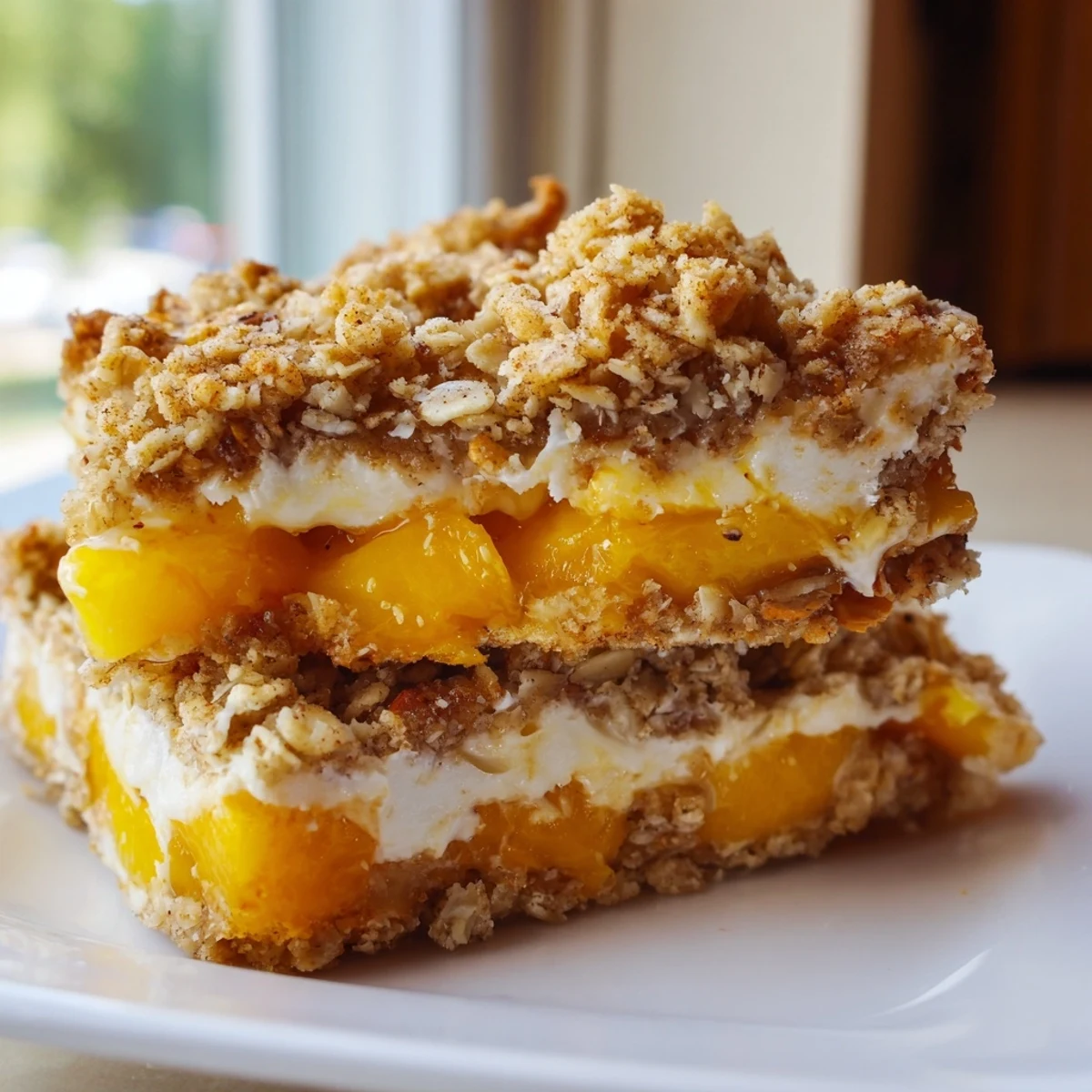 Golden peaches and cream crumble bars with buttery oat topping on a rustic serving plate