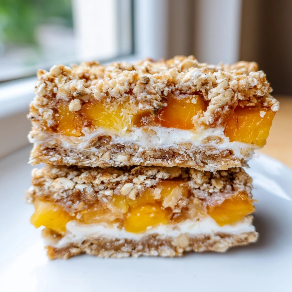 Creamy cheesecake layer visible beneath sweet juicy peaches in these peach crumble bars