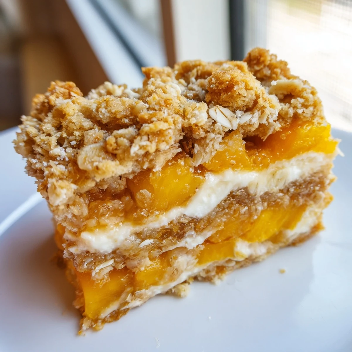Chilled peaches and cream crumble bars cut into squares showing golden crust and tender fruit filling