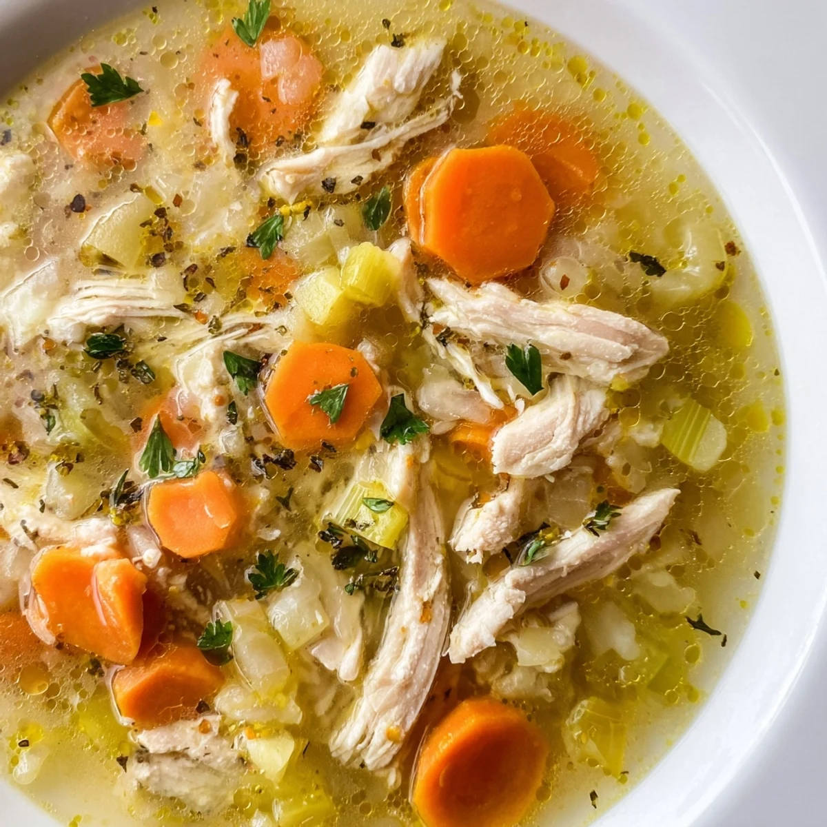 Crockpot lemon chicken soup in a white bowl garnished with fresh parsley and lemon slices
