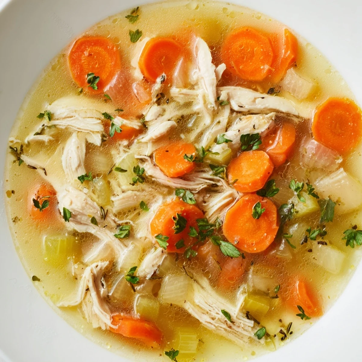Golden chicken soup with tender shredded meat carrots and celery in a steaming crockpot