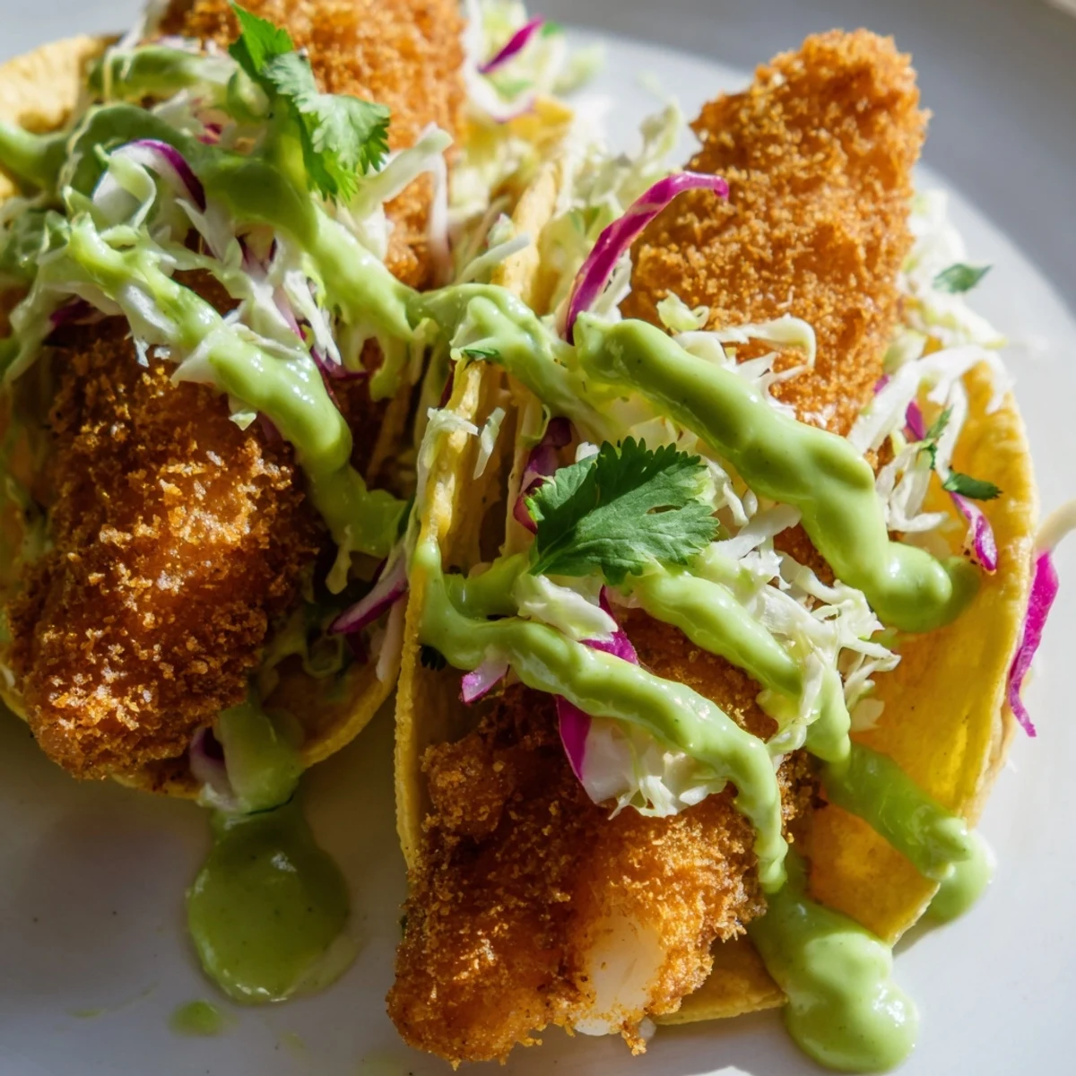 Golden crispy Baja fish tacos topped with fresh cabbage slaw and creamy avocado crema drizzle