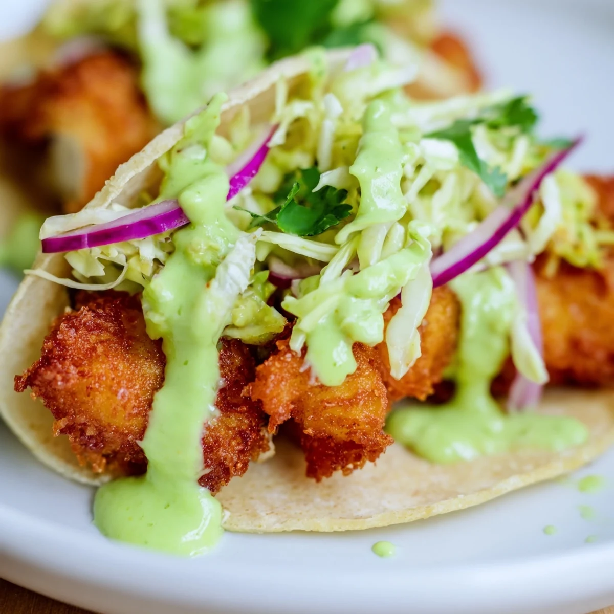 Warm corn tortillas filled with crispy battered Baja fish tacos and tangy avocado sauce