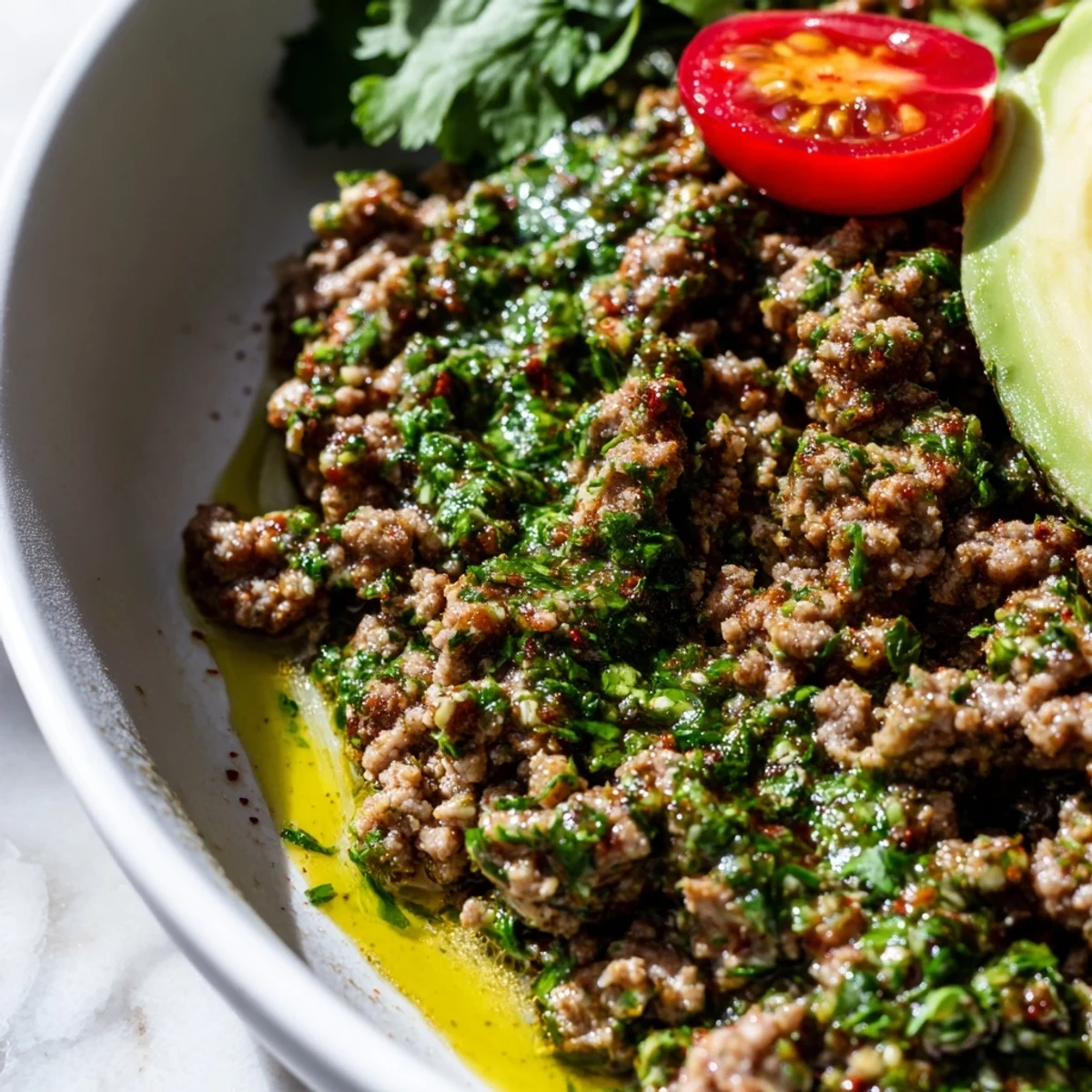Chimichurri ground beef bowls with vibrant green sauce drizzled over seasoned meat and fluffy white rice