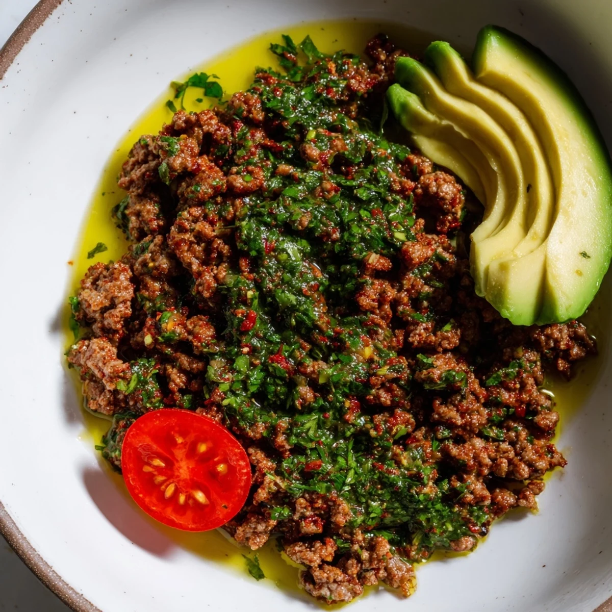 Spicy chimichurri ground beef bowls topped with fresh avocado slices and crisp colorful vegetables
