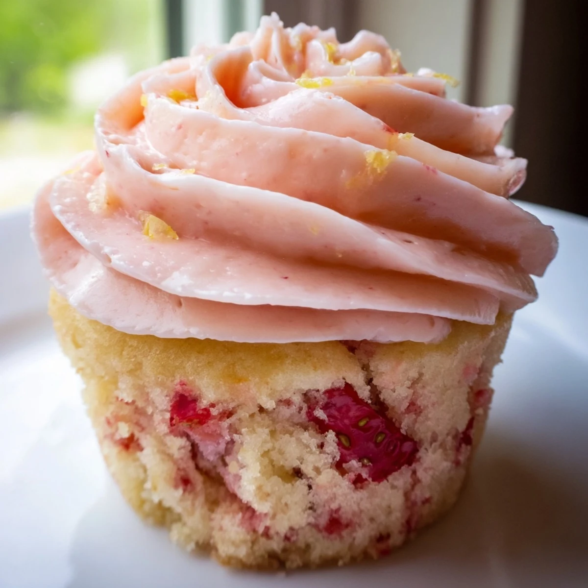 Fresh strawberry lemonade cupcakes topped with pink buttercream frosting on a rustic serving plate