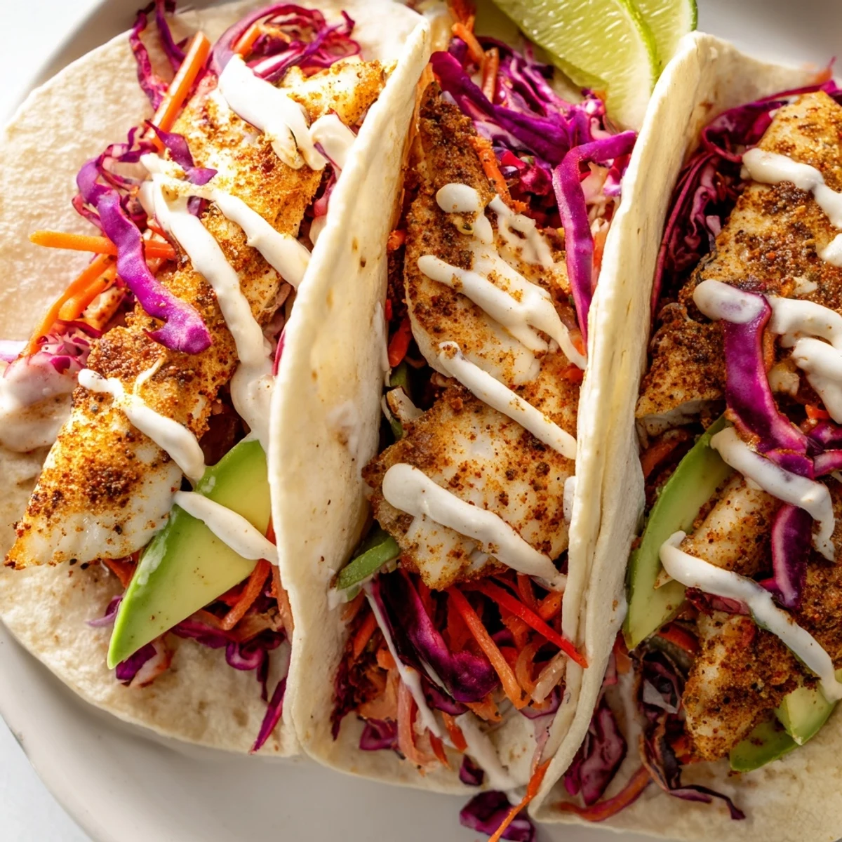 Crispy spiced tilapia fish tacos topped with vibrant cabbage slaw and creamy lime crema drizzle