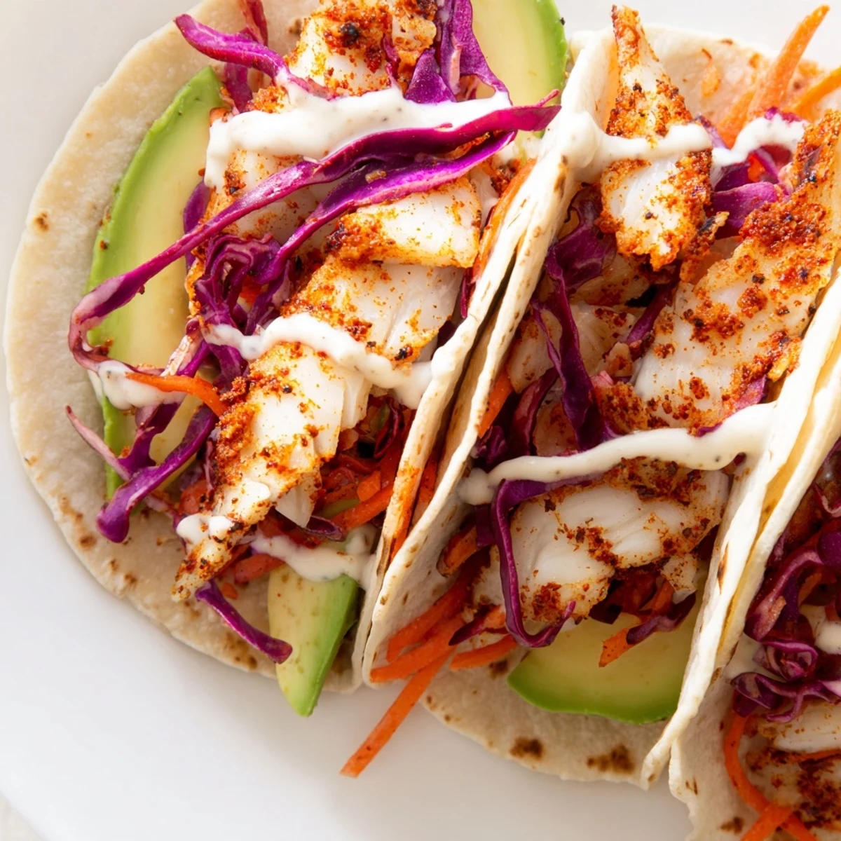Golden tilapia fish tacos in warm corn tortillas with fresh avocado slices and zesty garnish