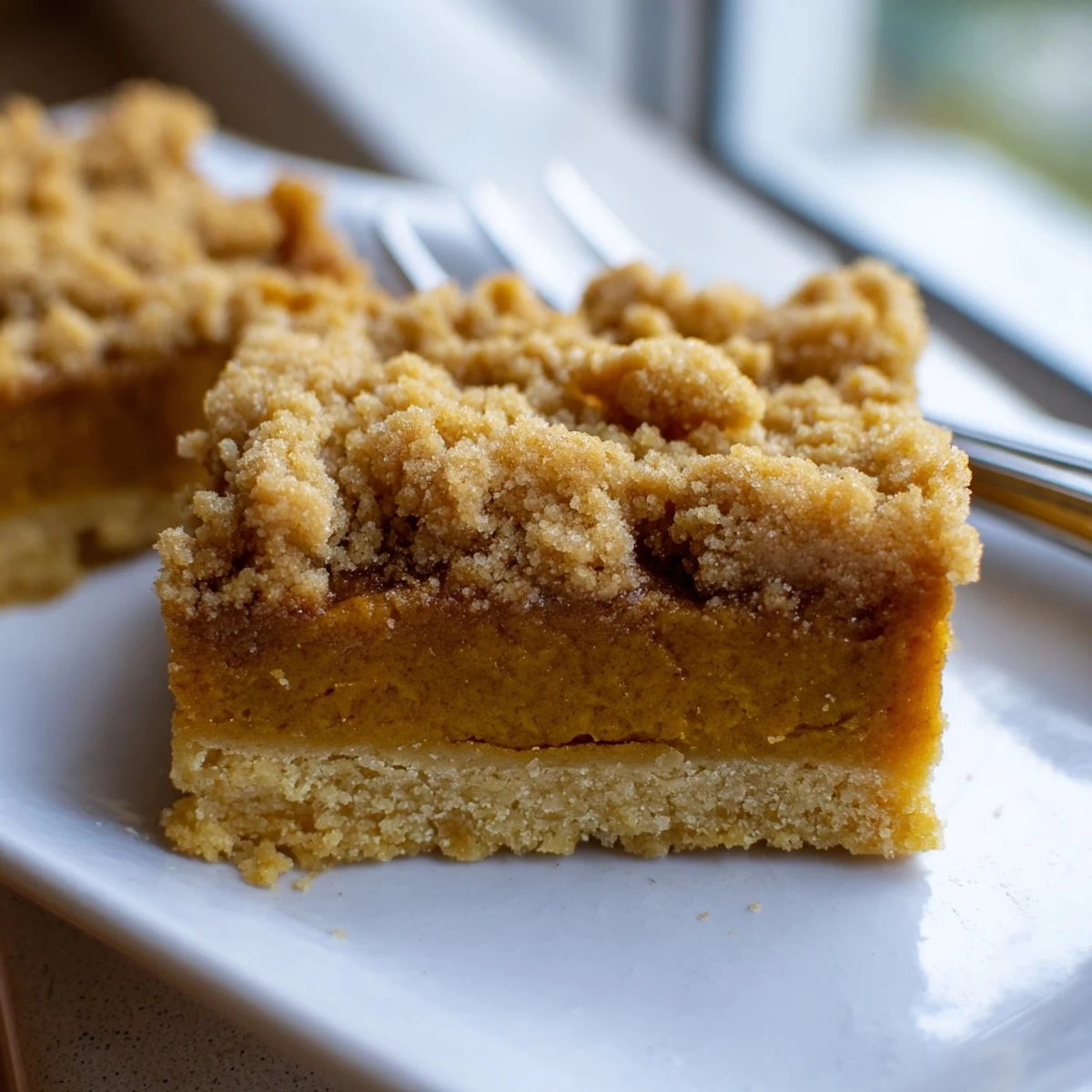 Golden brown sugar maple pumpkin butter bars with a crumbly streusel topping on a rustic plate
