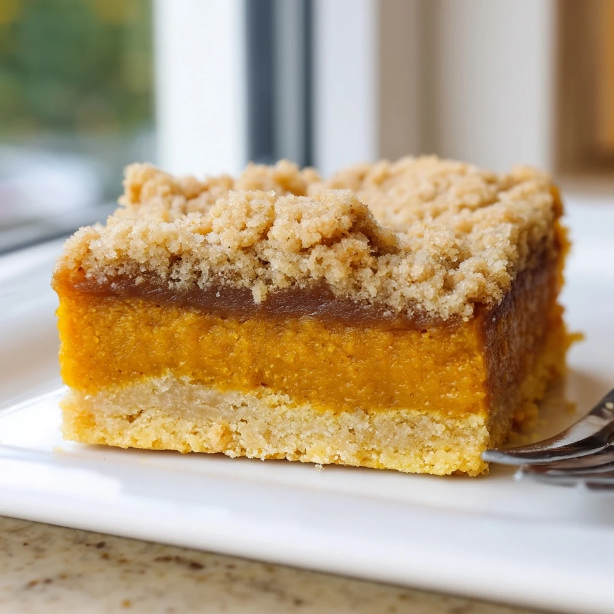 Creamy brown sugar maple pumpkin butter bars sliced and dusted with warm spice