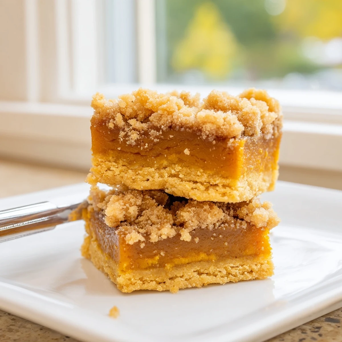 A pan of brown sugar maple pumpkin butter bars cooling with a gooey maple filling