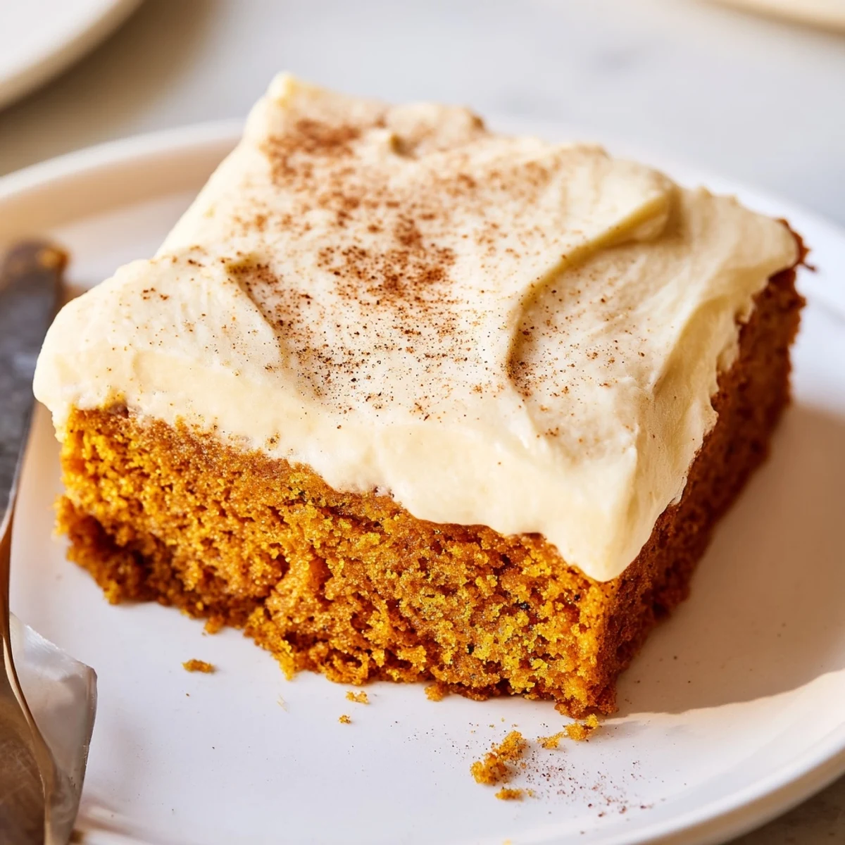 Warm spiced pumpkin bars with cream cheese frosting sliced on a rustic baking sheet