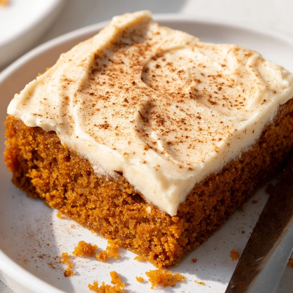 Golden pumpkin bars with thick cream cheese frosting served on a white platter