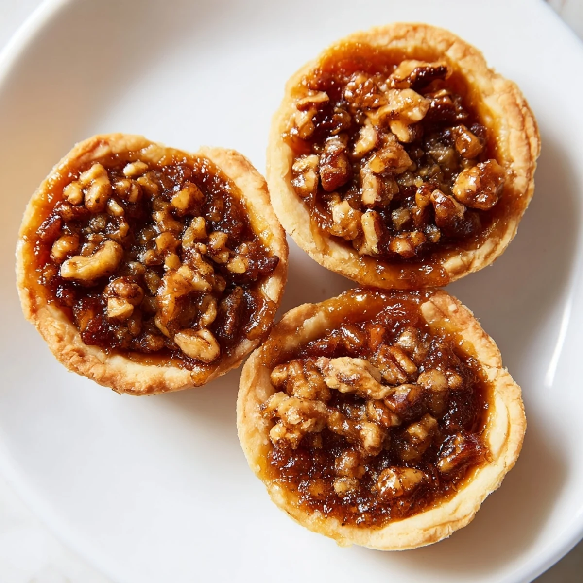 Golden mini pecan pies with caramelized filling nestled in flaky butter crusts on a wire rack