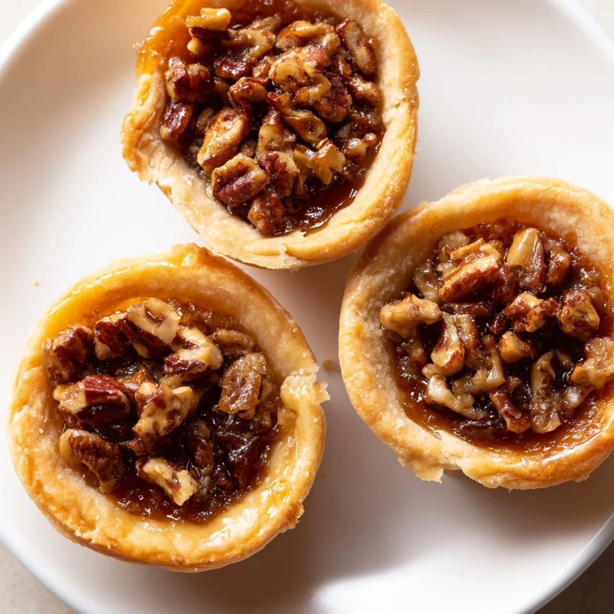Bite-sized mini pecan pies arranged on a festive holiday platter dusted with powdered sugar