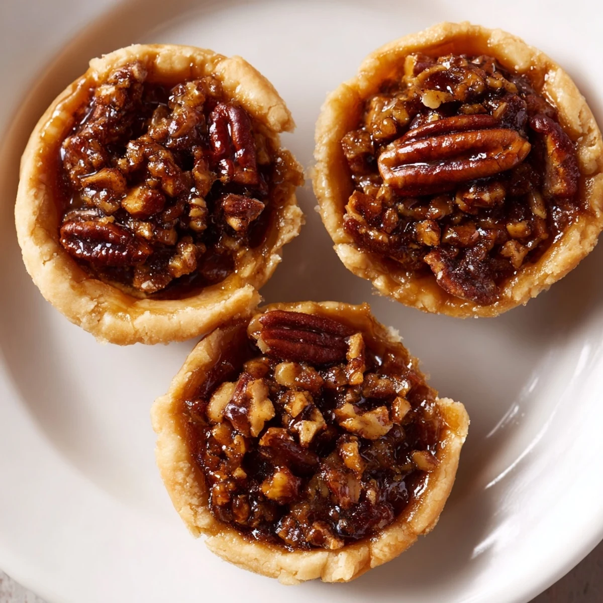 Mini pecan pies topped with toasted pecan halves drizzled in sweet gooey brown sugar syrup