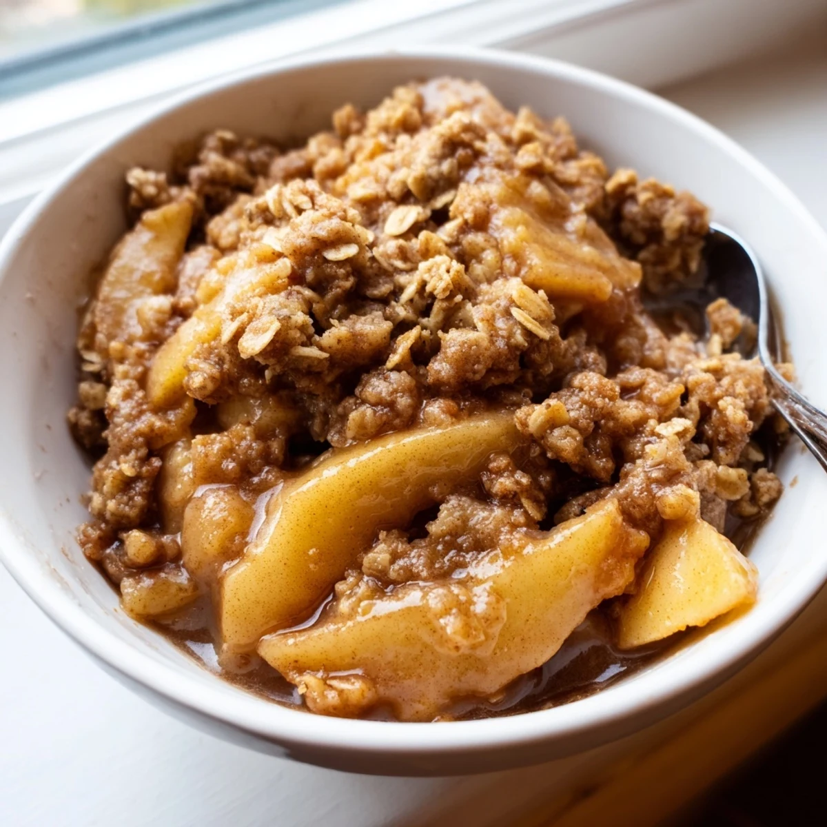 Warm crockpot apple crisp with golden oat topping served in a rustic bowl