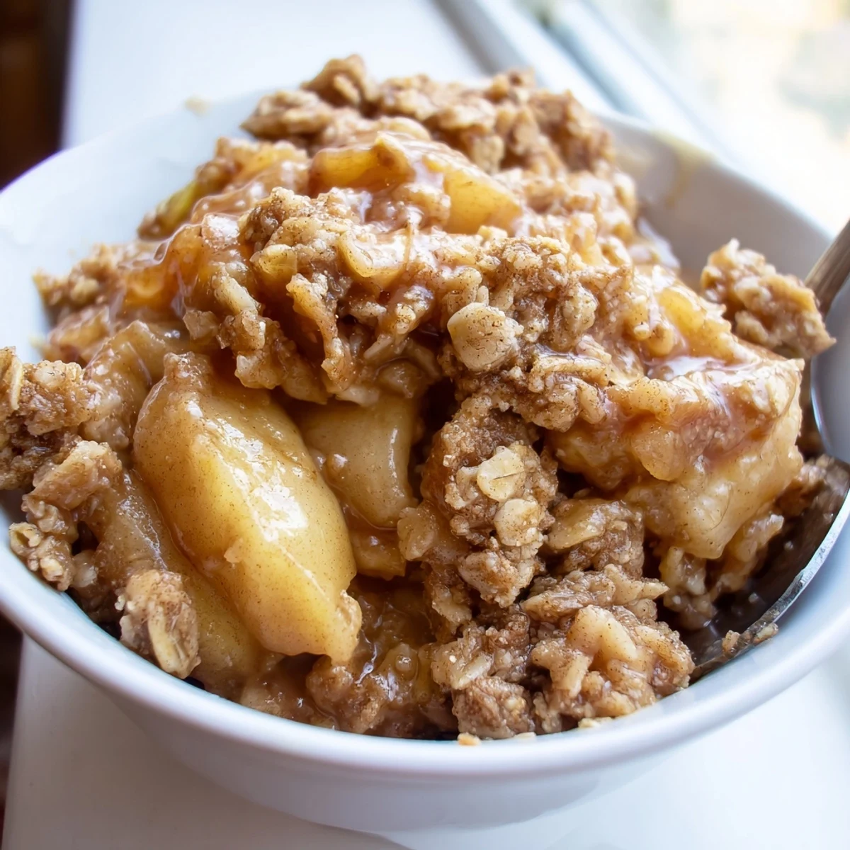 Tender cinnamon apples beneath a buttery crumb layer in this slow cooker apple crisp