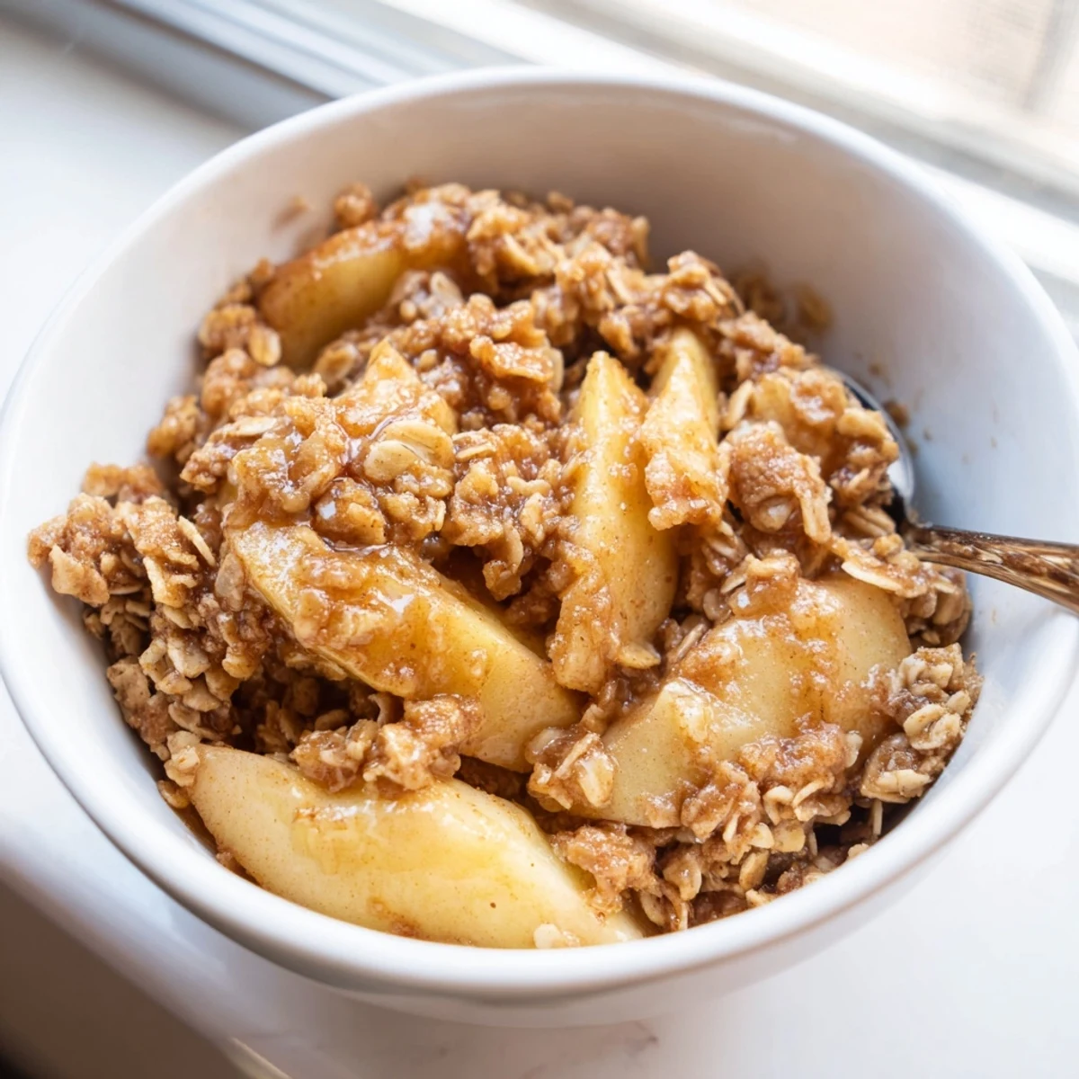 Crockpot apple crisp scooped into a dish topped with melting vanilla ice cream