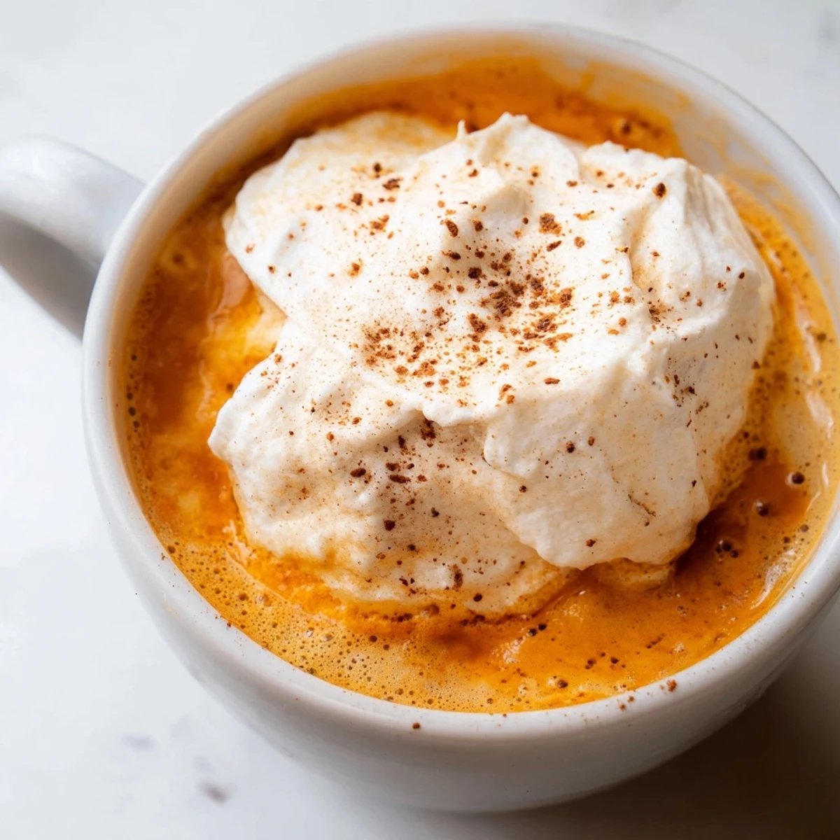 Steaming mug of homemade pumpkin spice latte with frothy milk on a wooden table