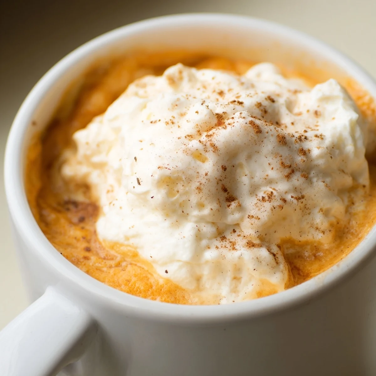 Rich homemade pumpkin spice latte in a ceramic cup sprinkled with warm autumn spices