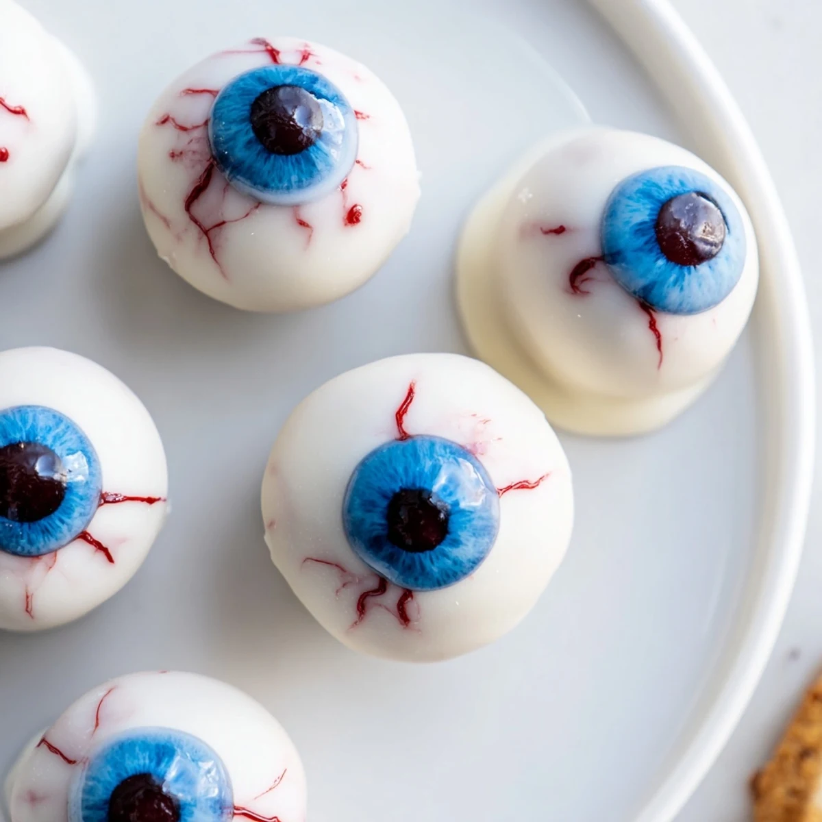 Creepy Halloween Cake Eyeballs coated in smooth white chocolate with detailed bloodshot veins
