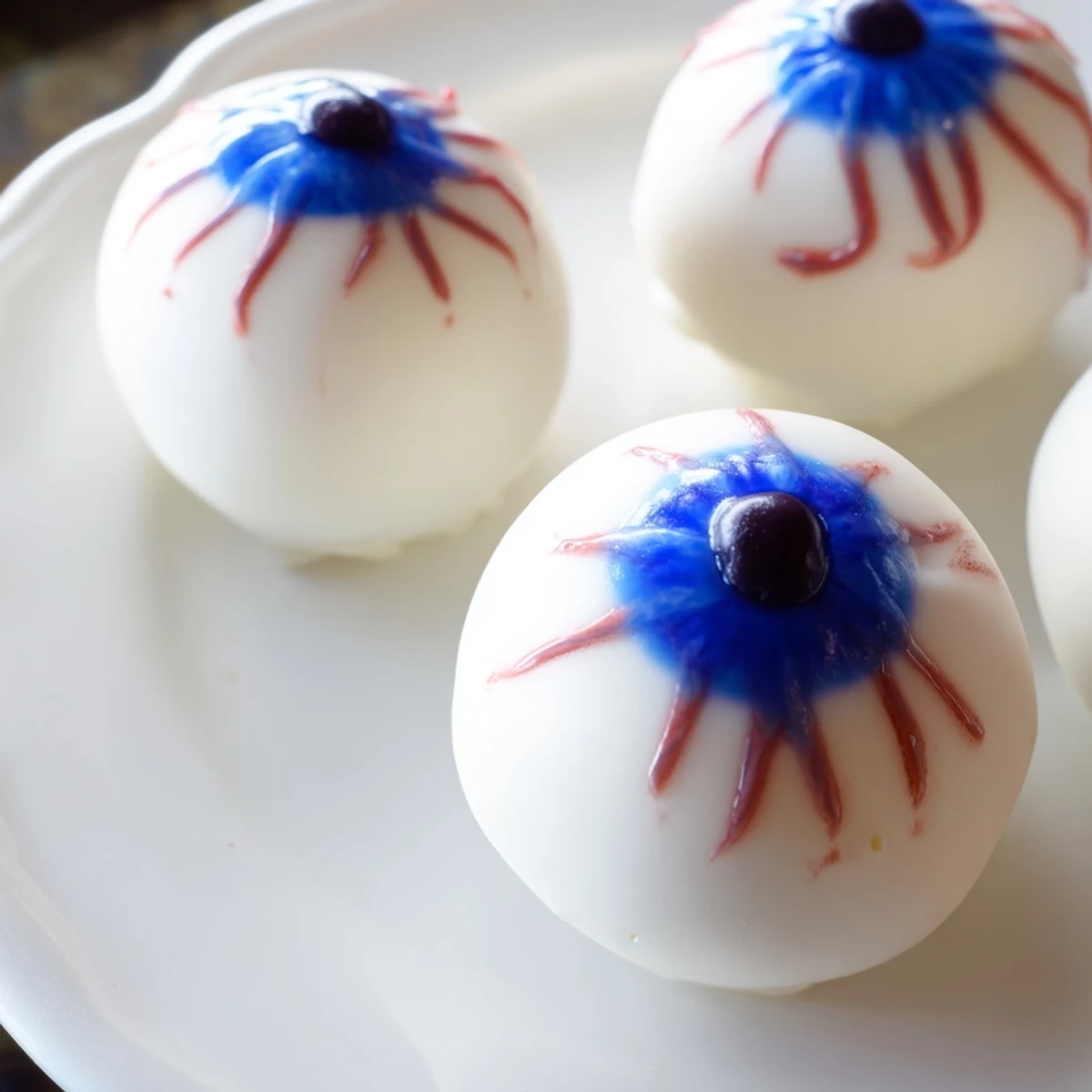Festive Halloween Cake Eyeballs arranged on a dark platter with gory red vein details