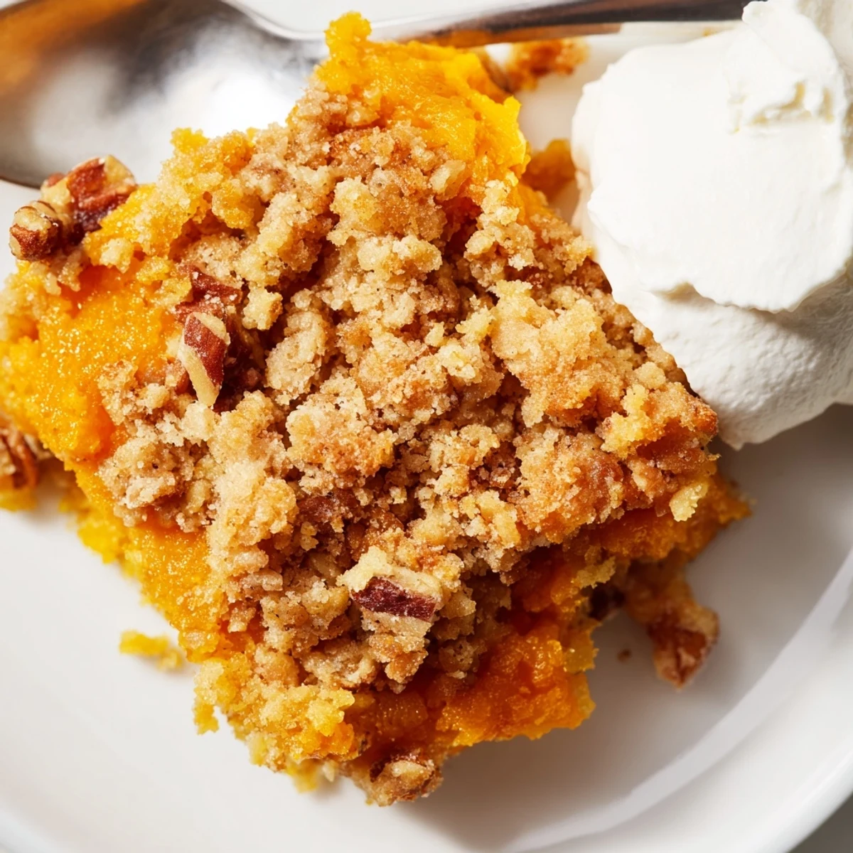Golden pumpkin dump cake with gooey spiced filling and buttery pecan topping