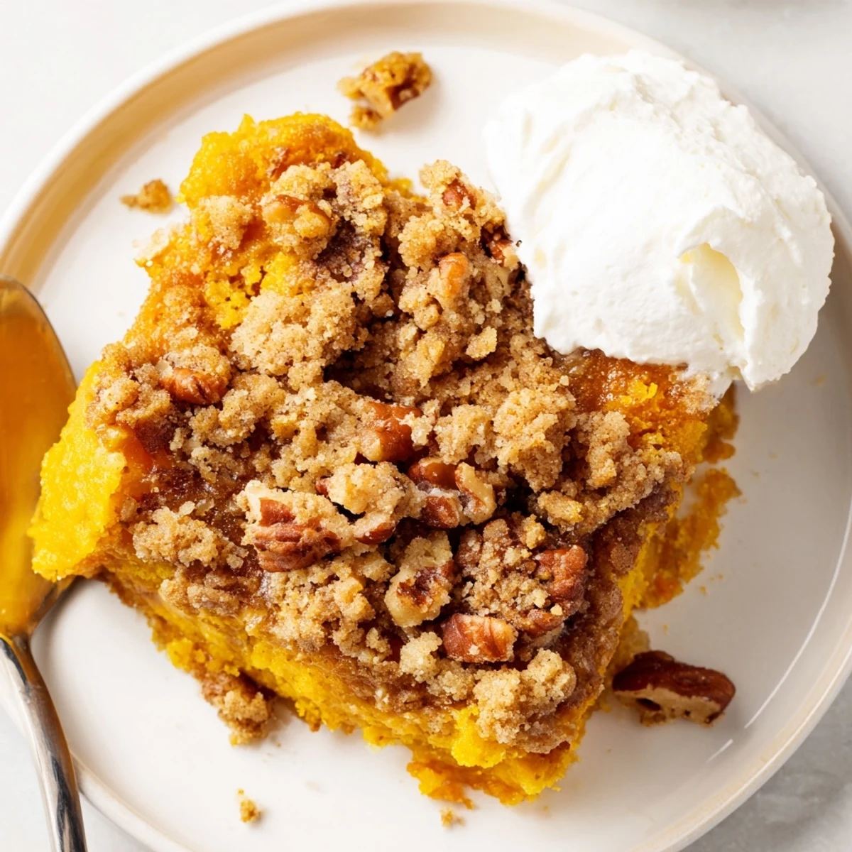 Warm pumpkin dump cake scooped into a bowl with whipped cream