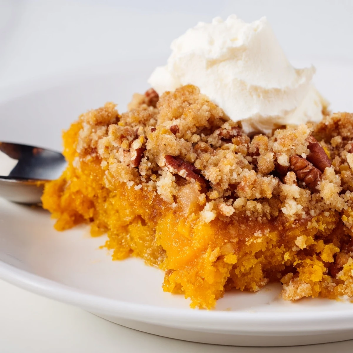 Crusty golden pecan-studded pumpkin dump cake fresh from the oven